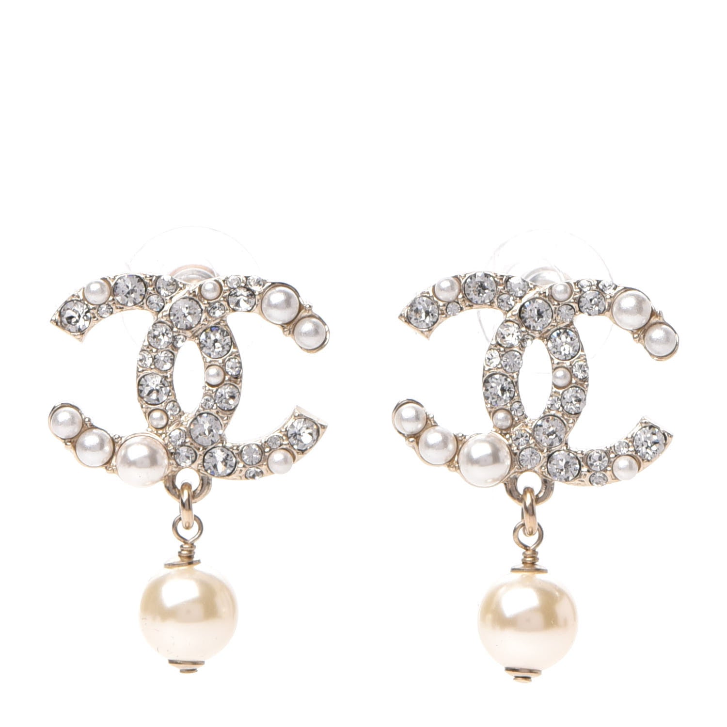 Chanel Crystal Pearl CC Drop Earrings Gold 1 of 5