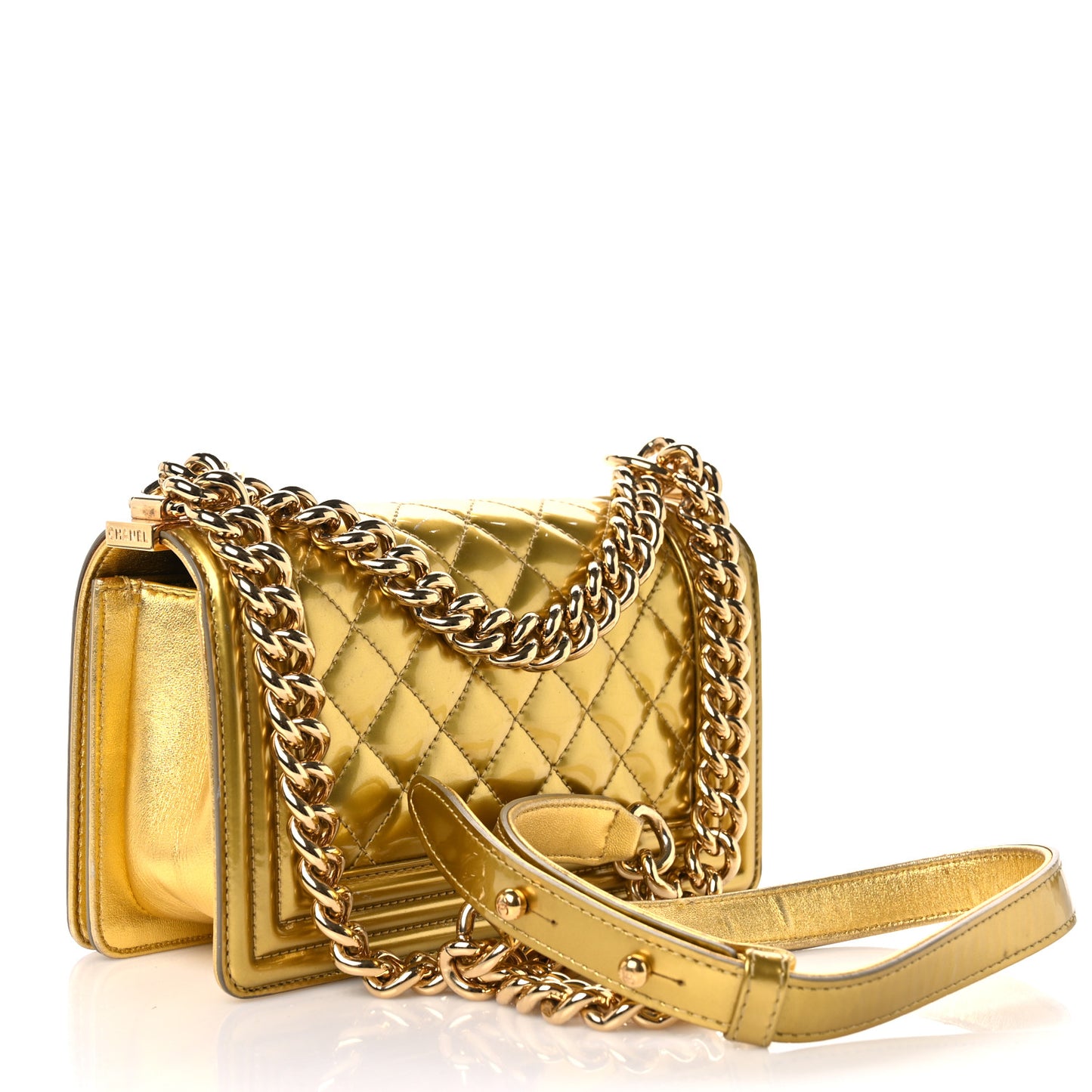 Metallic Patent Calfskin Quilted Small Boy Flap Gold