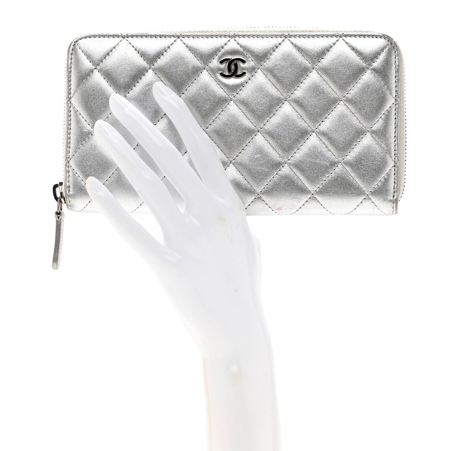 Metallic Lambskin Quilted Large Gusset Zip Around Wallet Silver