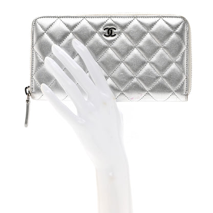 Chanel Metallic Lambskin Quilted Large Gusset Zip Around Wallet Silver 2 of 10