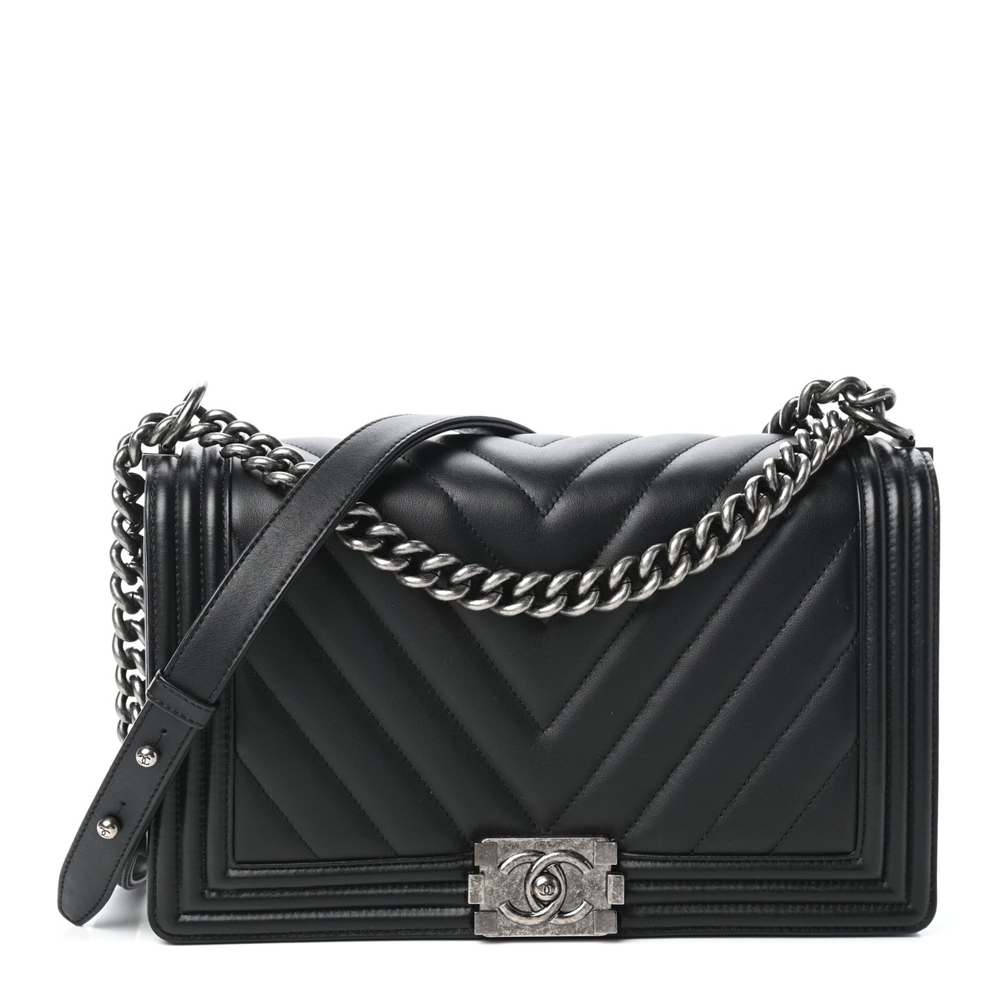 Calfskin Chevron Quilted New Medium Boy Flap Black