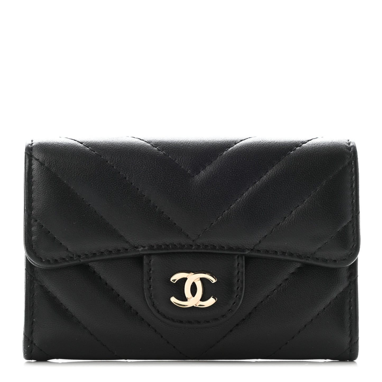 Lambskin Chevron Quilted Flap Card Holder Black