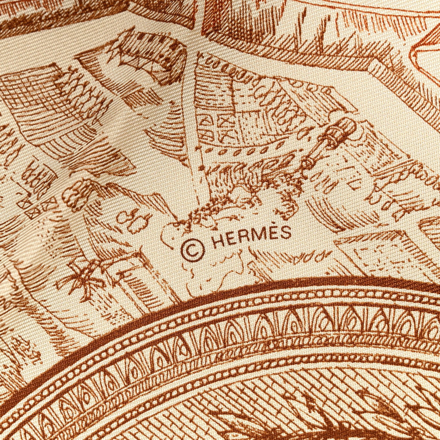 Hermes Silk Twill La Cite Cavaliere Scarf 90 Creme Camel Tabac 5 of 5
