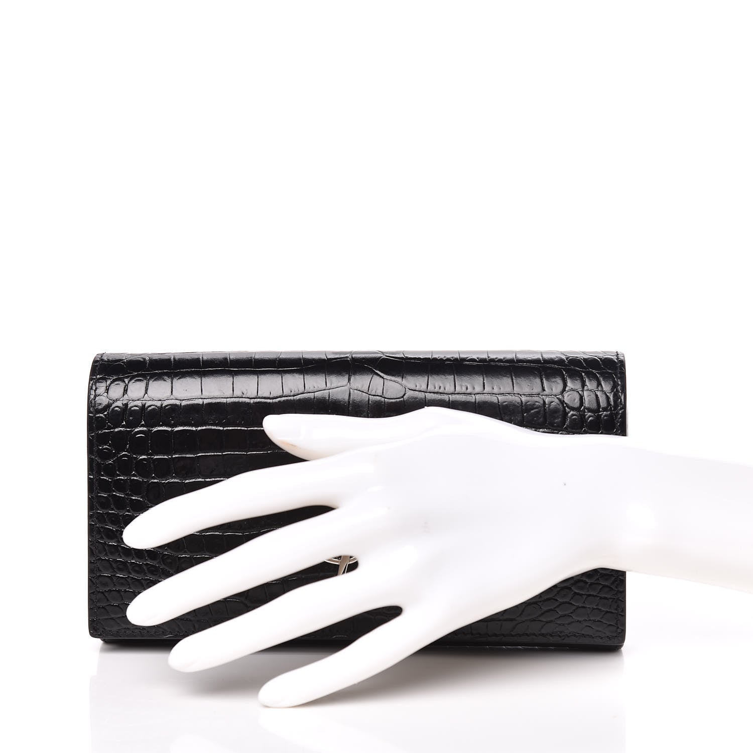 Saint Laurent Calfskin Crocodile Embossed Classic Monogram Cassandre Wallet Black 2 of 12