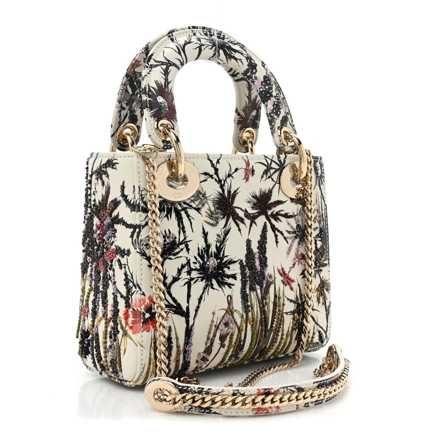 Calfskin Beaded Embroidered Jardin Naturel Mini Lady Dior White Multicolor