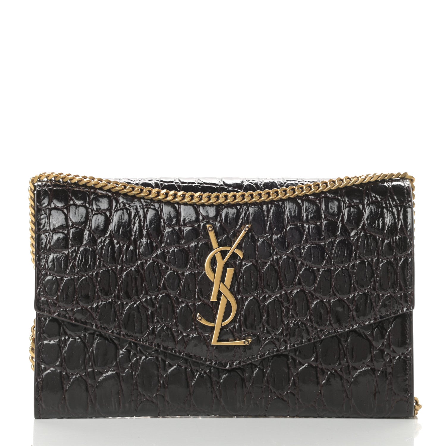 Saint Laurent Calfskin Crocodile Embossed Monogram Uptown Chain Wallet Fondente 3 of 12