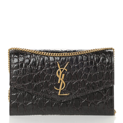 Saint Laurent Calfskin Crocodile Embossed Monogram Uptown Chain Wallet Fondente 3 of 12