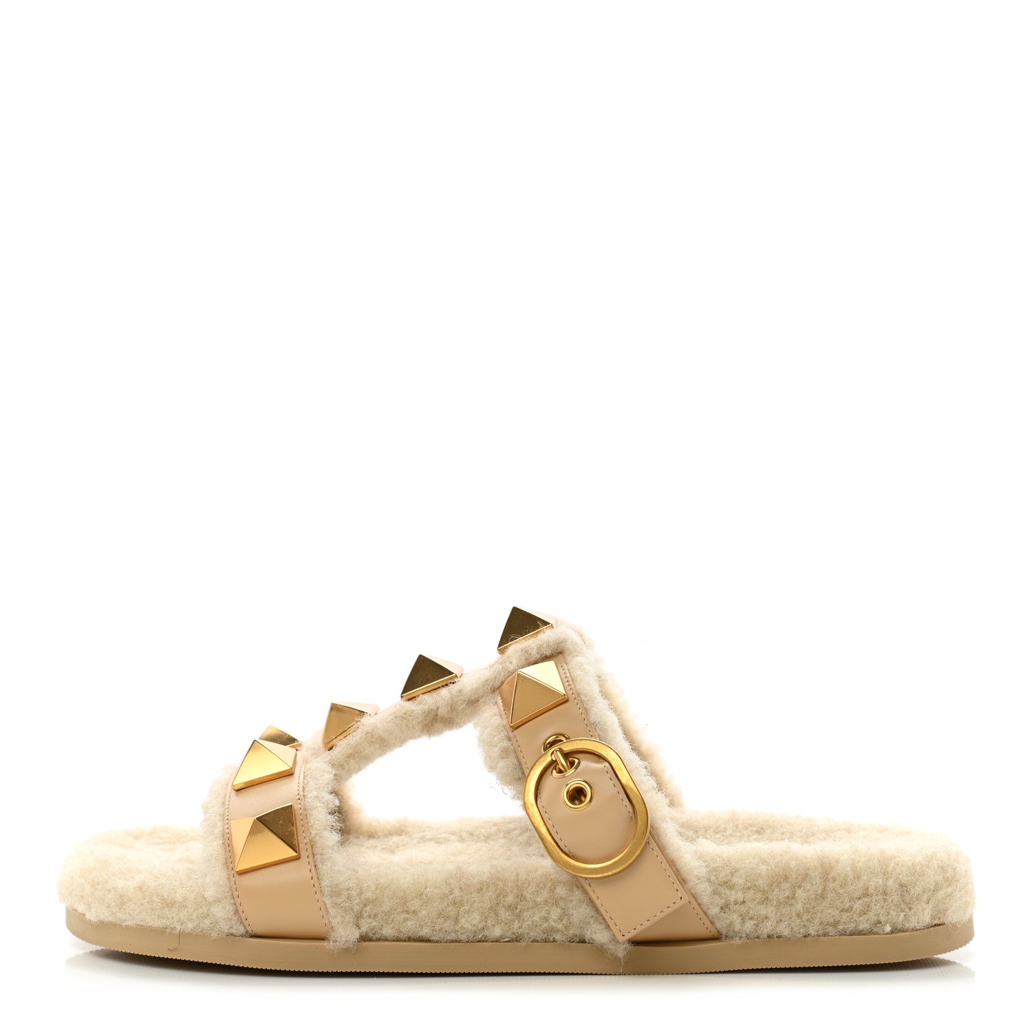 Valentino Garavani Shearling Roman Stud Slide Sandals 37 Sahara Beige 1 of 8