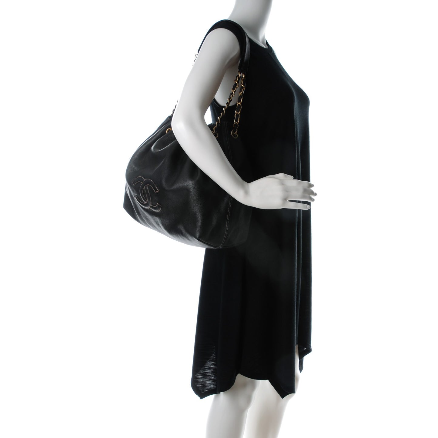 Calfskin CC Drawstring Bucket Bag Black