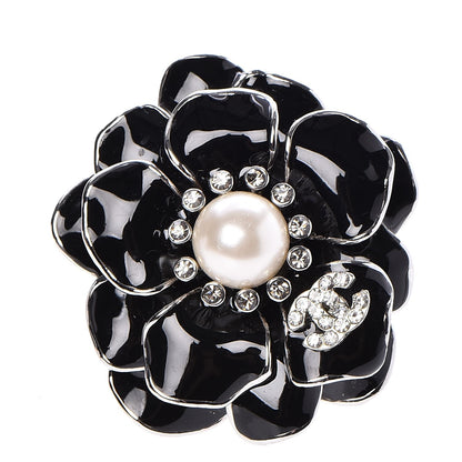 Chanel Resin Pearl Crystal CC Camellia Pin Brooch Black Silver 1 of 5