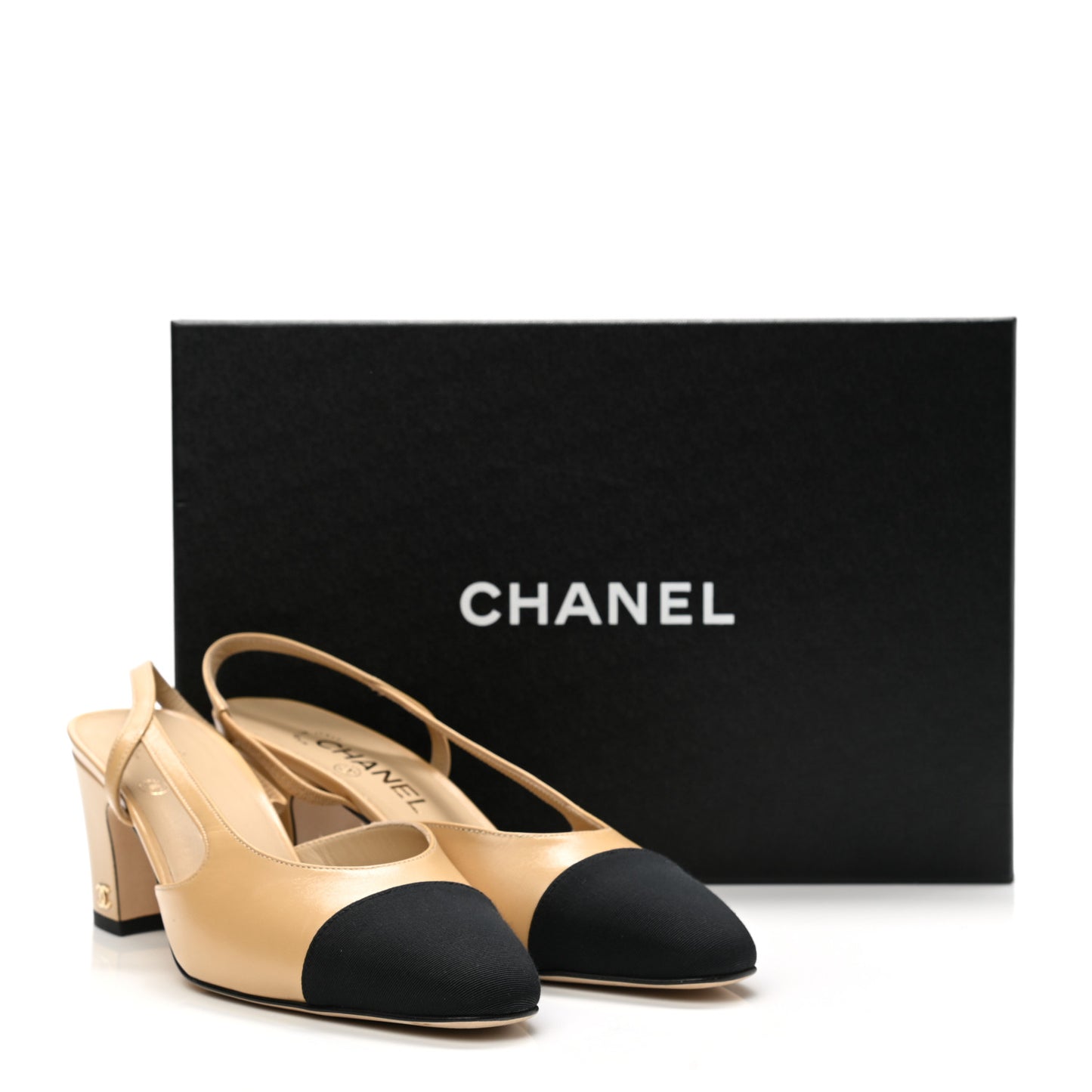 Goatskin Grosgrain Cap Toe CC Slingback Pumps 38 Beige Black