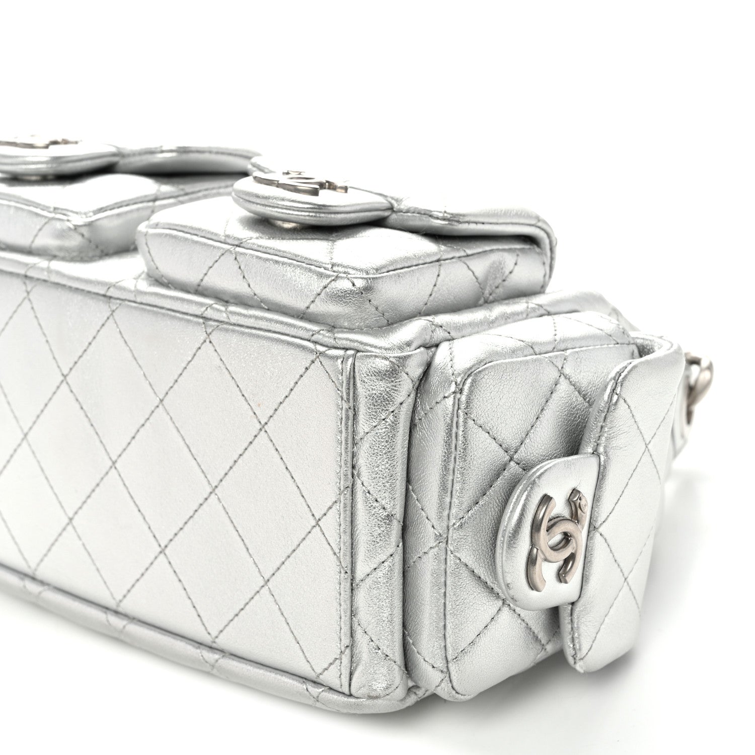 Chanel Metallic Lambskin Quilted Trendy Pockets Hobo Silver