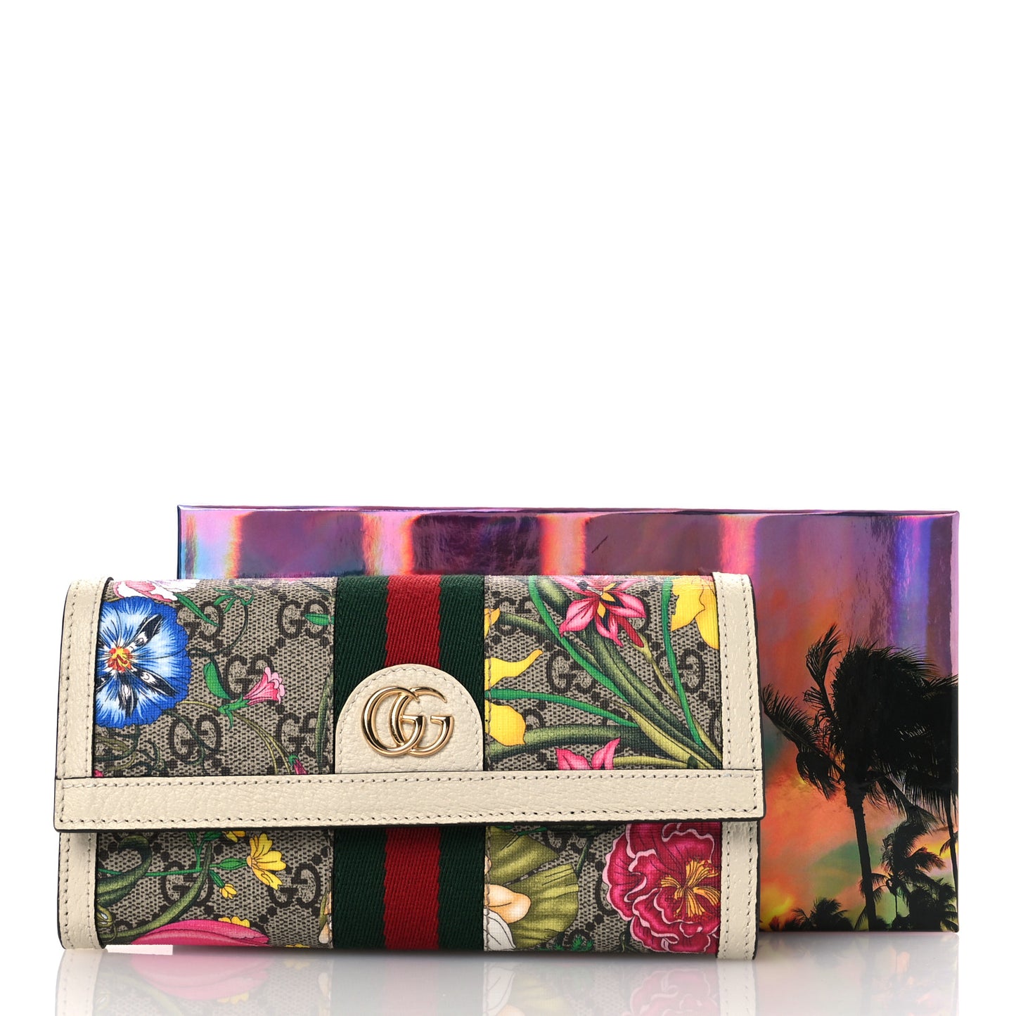 GG Supreme Monogram Flora Web Ophidia Continental Wallet White