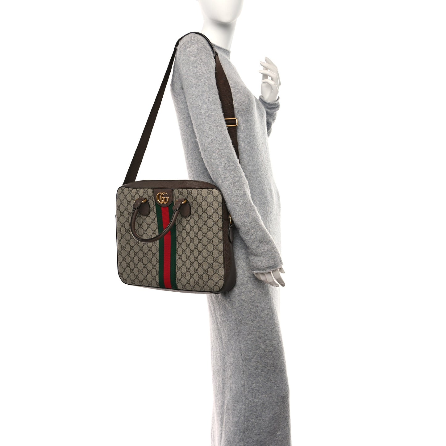 GG Supreme Monogram Textured Calfskin Web Medium Ophidia Briefcase Beige Ebony New Acero