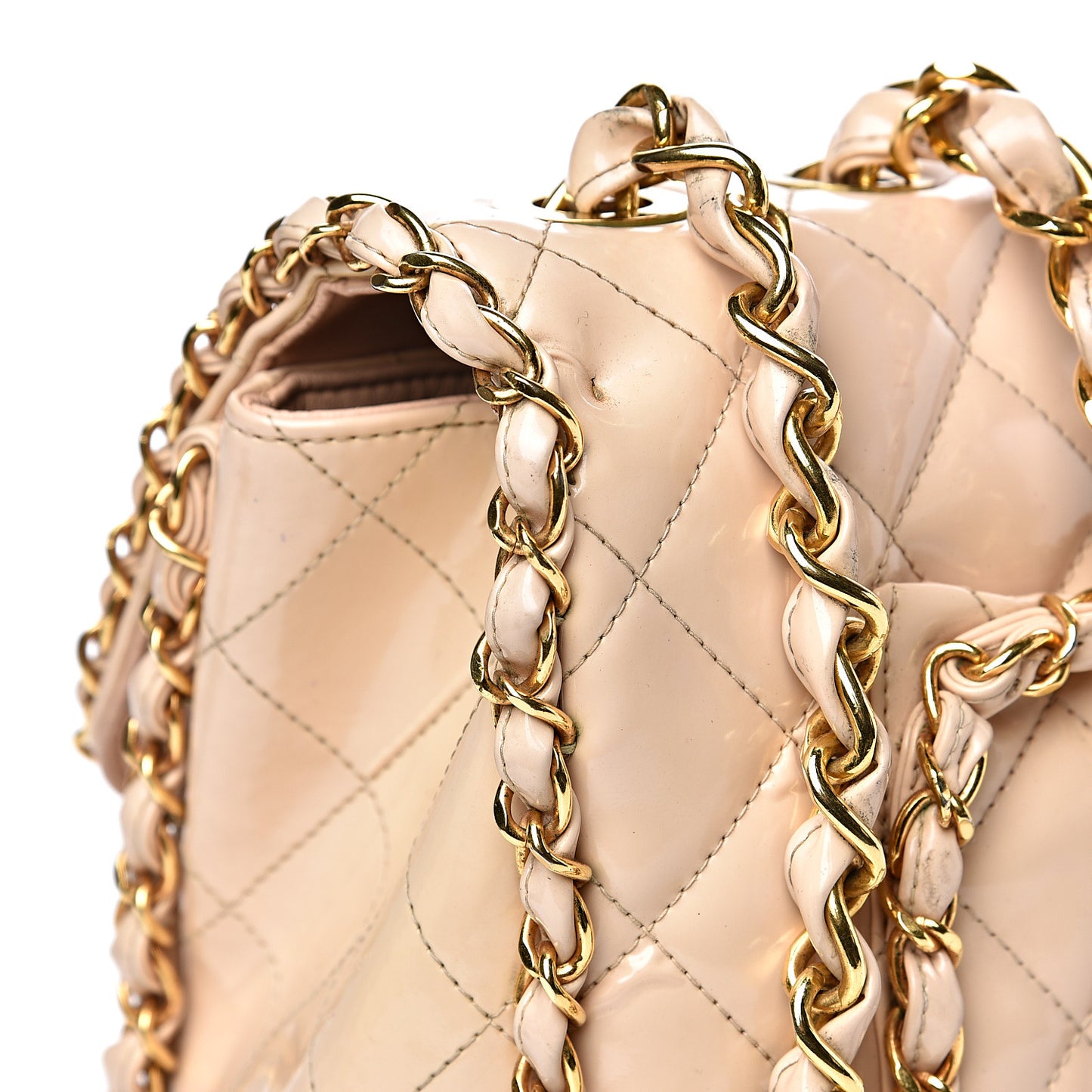 Patent Quilted Jumbo XL Chain Around Flap Beige