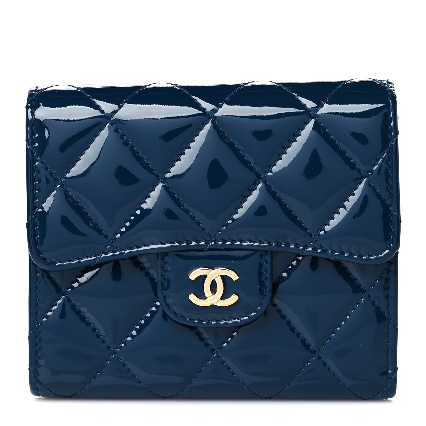 Patent Quilted Compact Flap Wallet Navy