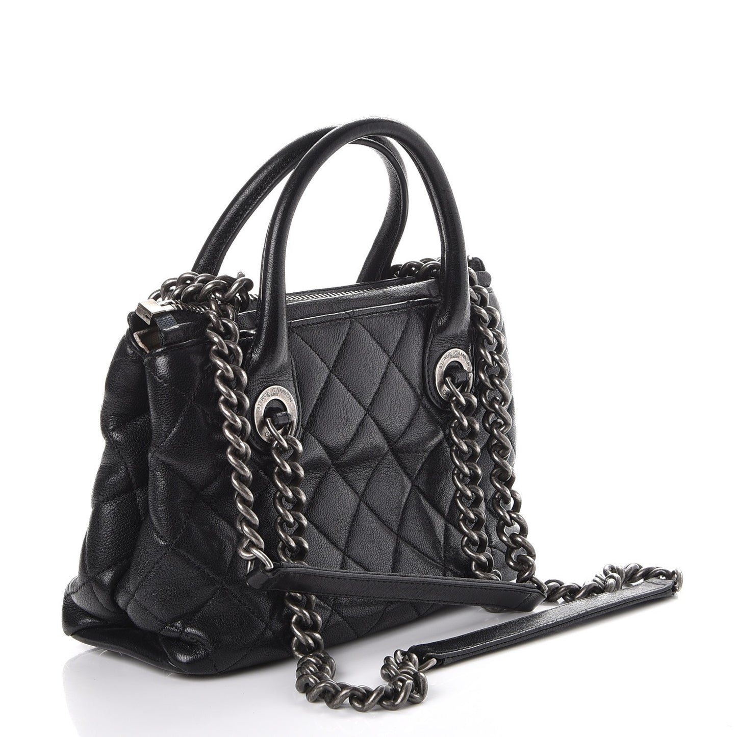 Shiny Sheepskin Quilted Small Shopping Tote Black