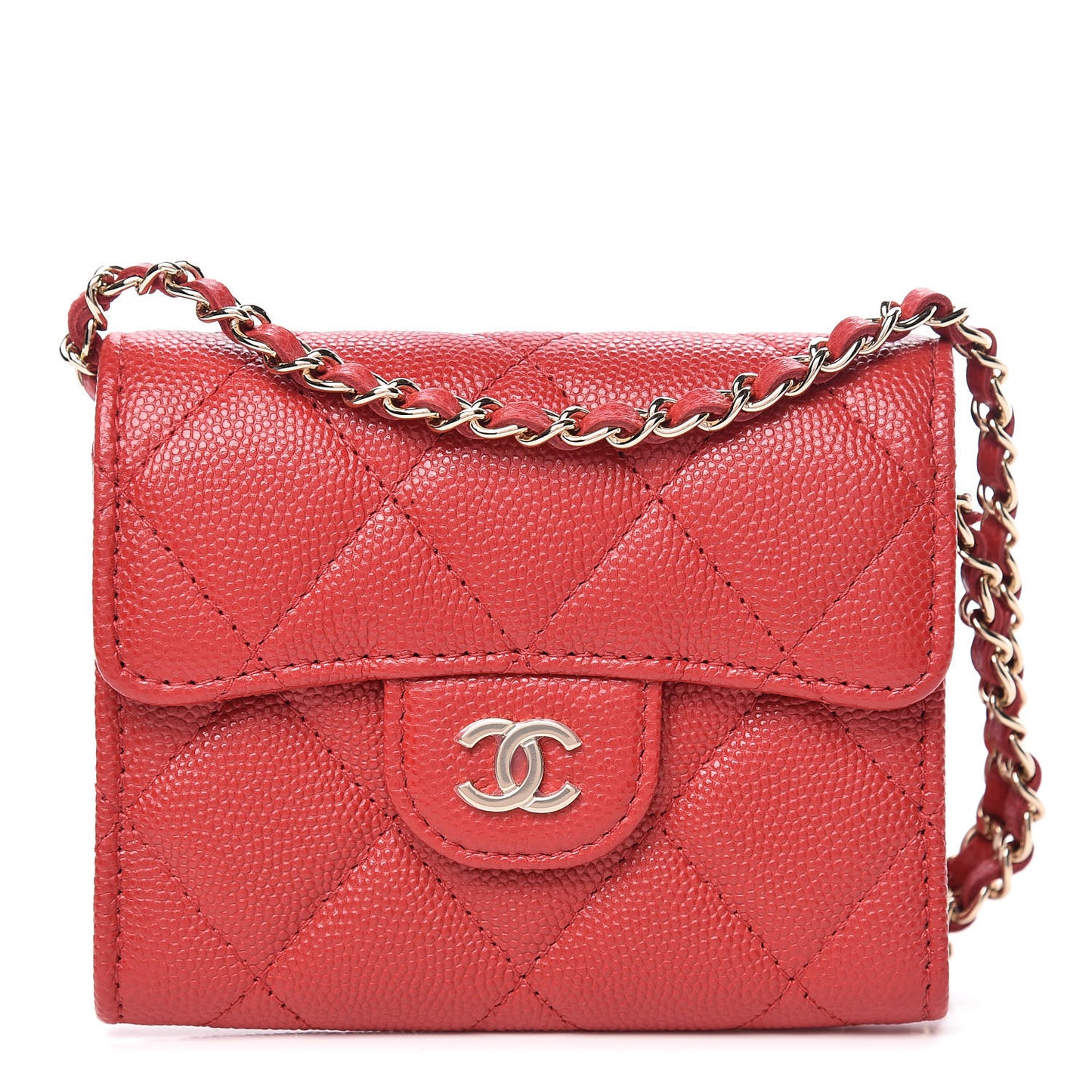 Caviar Quilted Flap Card Holder On Chain Red