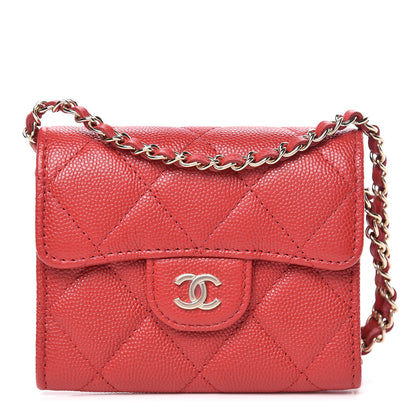 Chanel Caviar Quilted Flap Card Holder On Chain Red 1 of 12