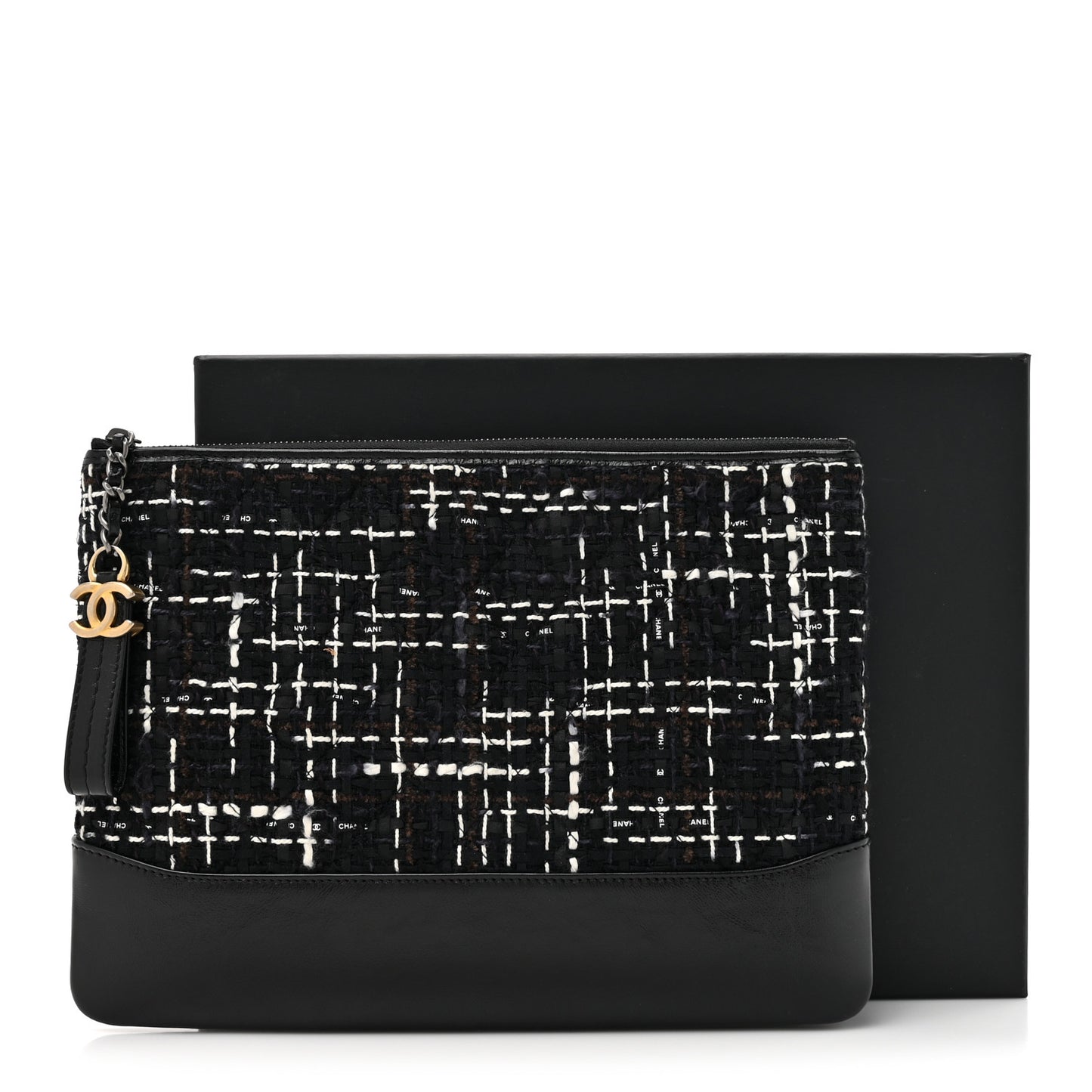 Tweed Calfskin Quilted Medium Cosmetic Pouch Black White