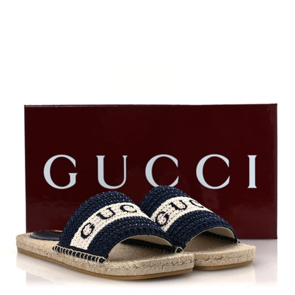Gucci Macrochet Raffia Logo Flat Slide Espadrille Sandals 38 Blue Great White 13 of 13