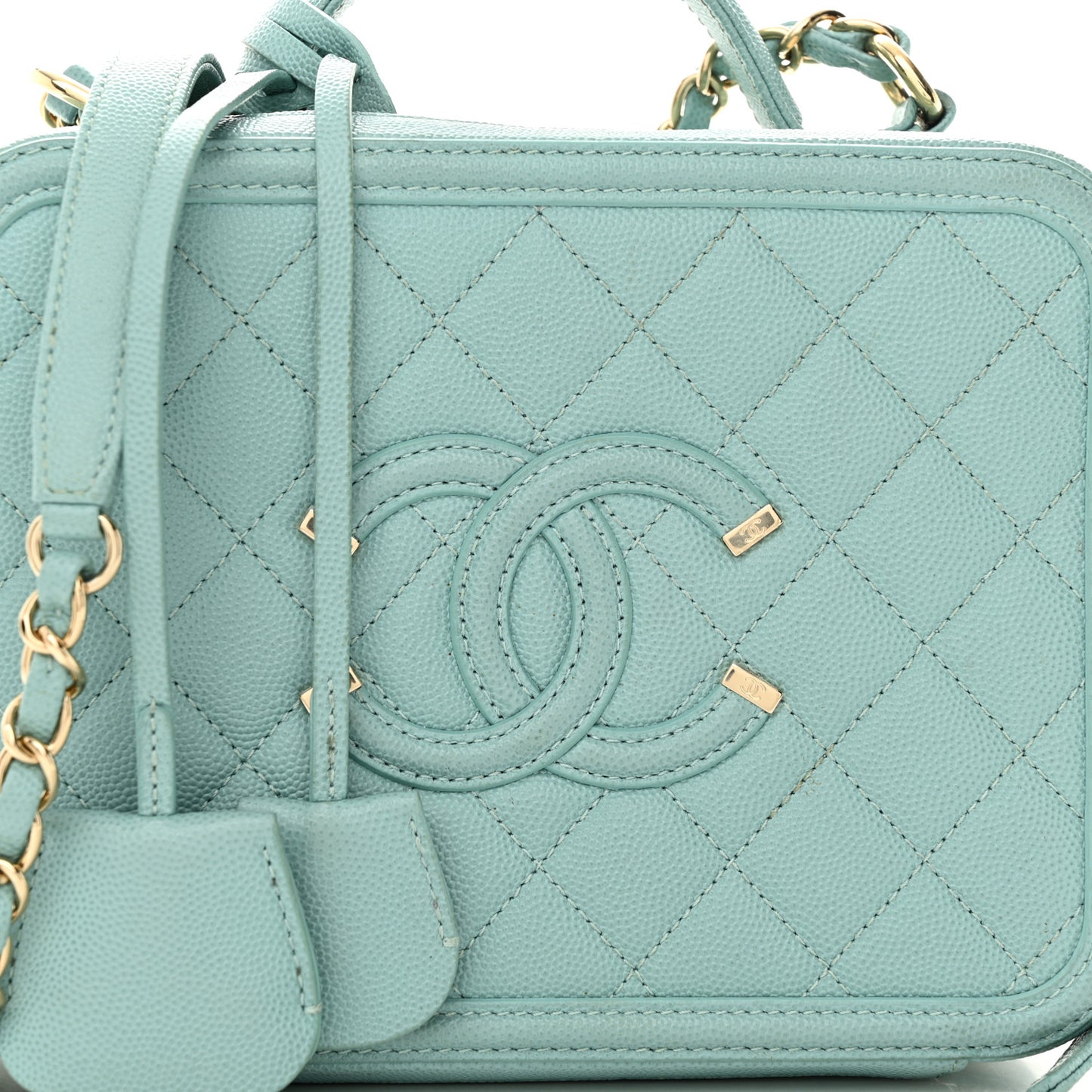 Caviar Quilted Medium CC Filigree Vanity Case Light Blue