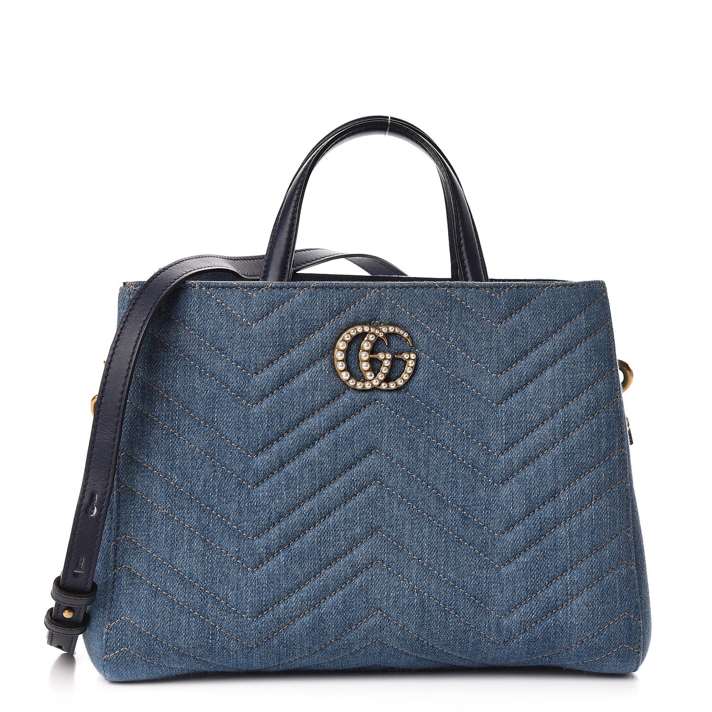 Denim Matelasse Small Pearly GG Marmont Tote Blue