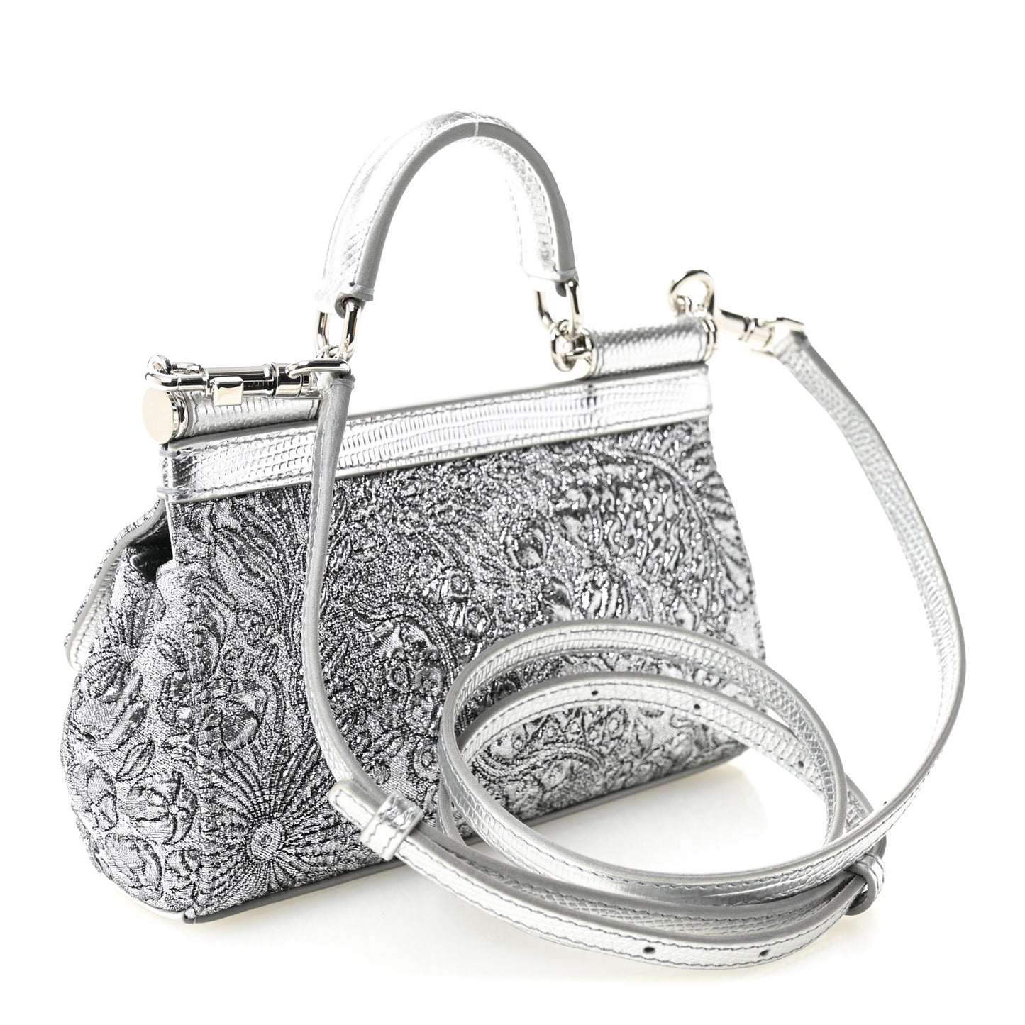 Brocade Fabric Lizard Calfskin Embossed Small Miss Sicily Satchel Silver