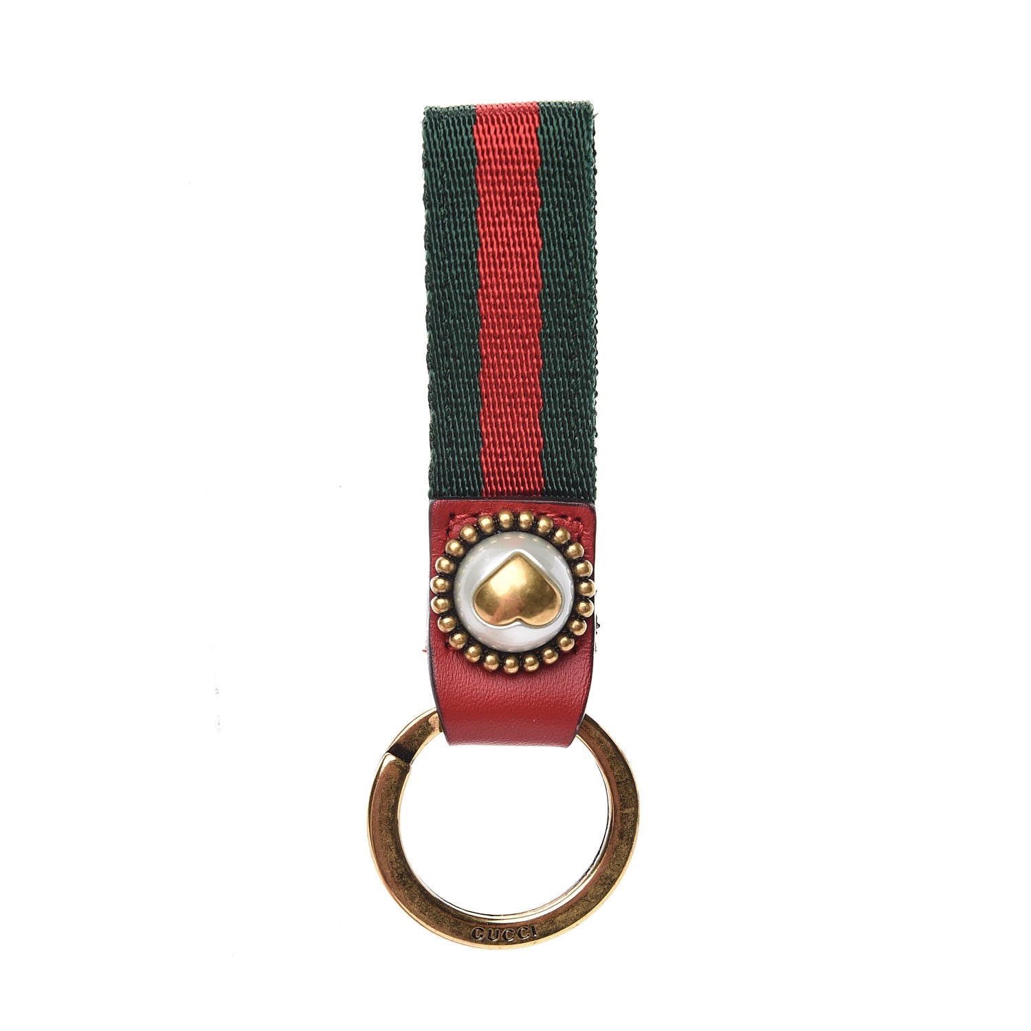 Gucci Web Nylon Pearl Heart Key Ring Red 1 of 3