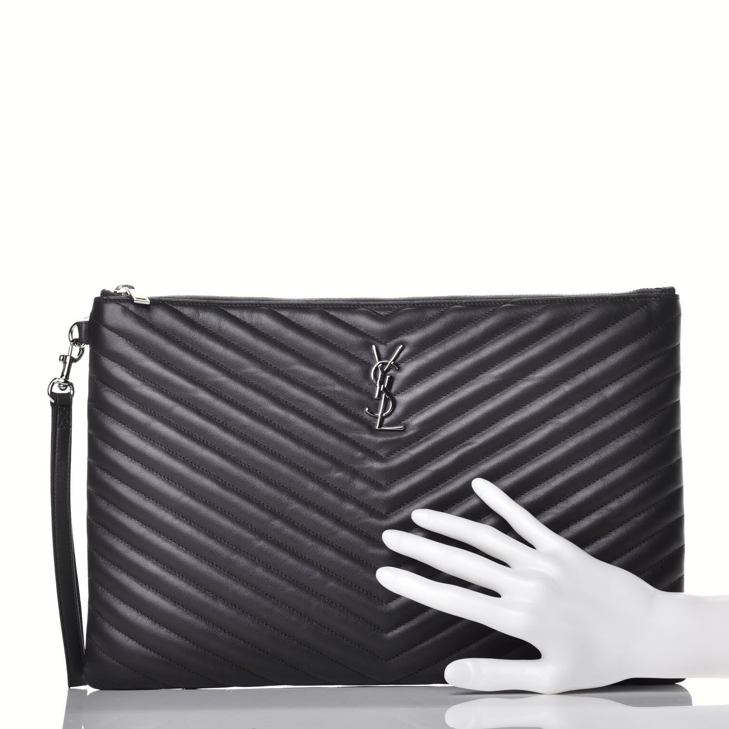 Saint Laurent Calfskin Matelasse Chevron Cassandre Monogram Document Holder Coal 2 of 10