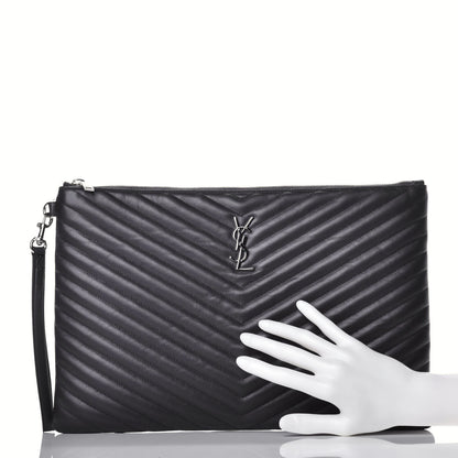 Saint Laurent Calfskin Matelasse Chevron Cassandre Monogram Document Holder Coal 2 of 10