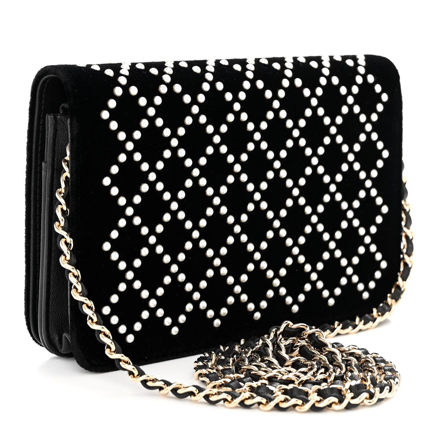 Chanel Velvet Pearl Diamond Embellished Wallet On Chain WOC Black 3 of 13