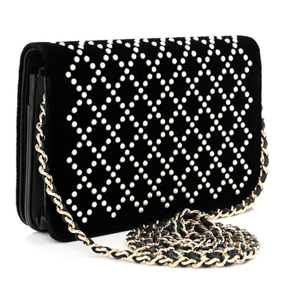 Chanel Velvet Pearl Diamond Embellished Wallet On Chain WOC Black 3 of 13