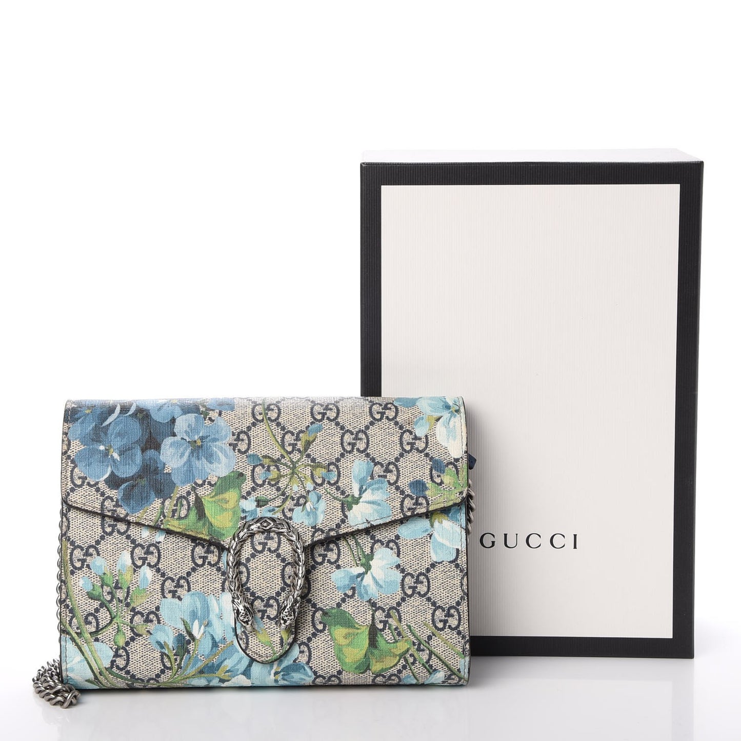 GG Supreme Monogram Blooms Mini Dionysus Chain Wallet Beige Blue Navy Vintage Blue