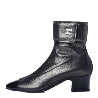 Chanel Patent Lambskin Short Boots 36.5 Silver Black 1 of 8