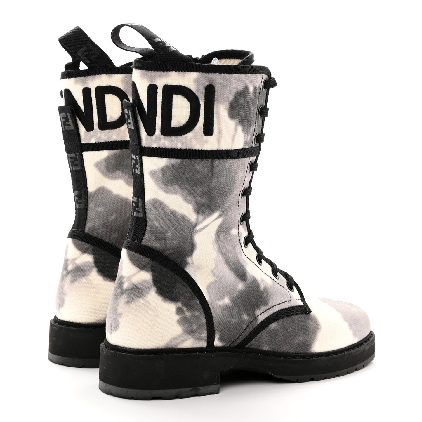 Canvas Floral Print Logo Bi-Color Womens Biker Boots 40 White Black