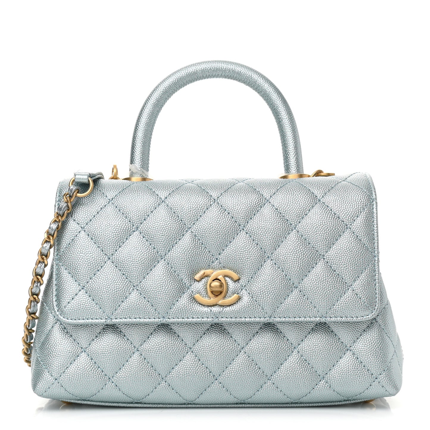 Metallic Caviar Quilted Mini Coco Handle Flap Light Blue