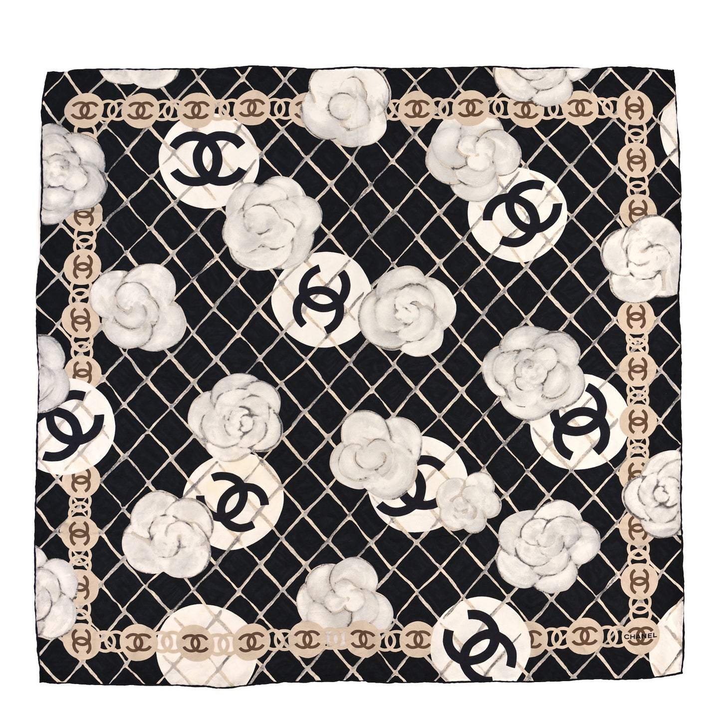 Silk Camellia CC Square Scarf Black