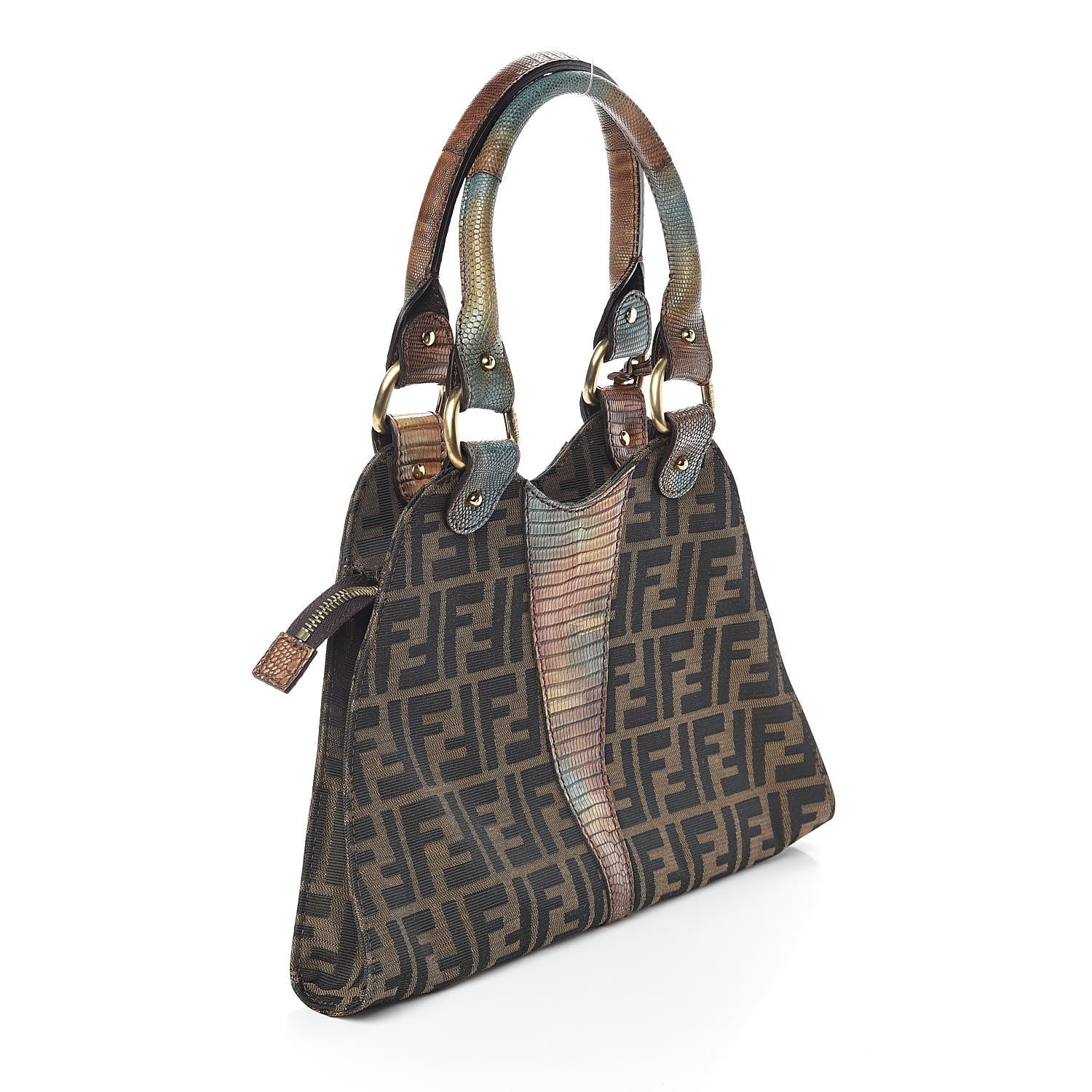Fendi Zucca Lizard Small Devil Trapezio Tote Tobacco 520774