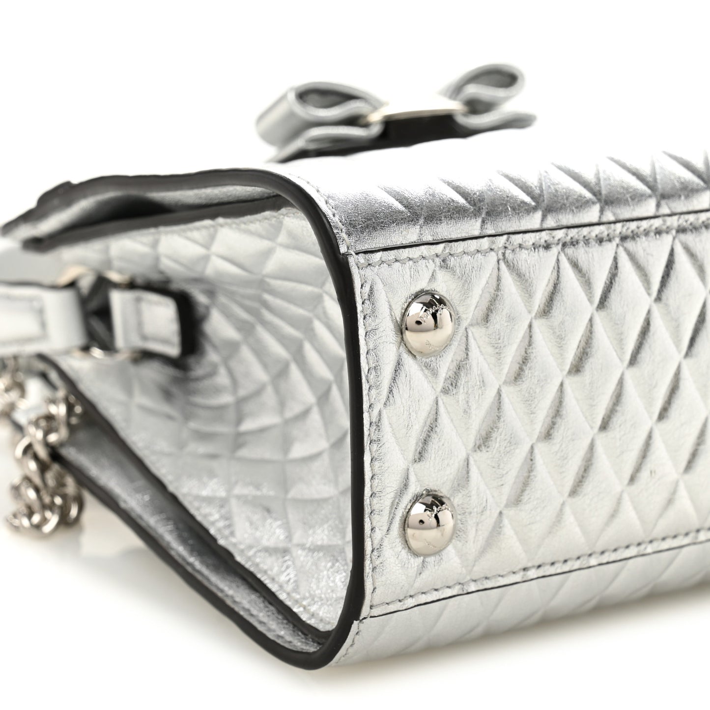 Metallic Calfskin Quilted Vara Bow Shoulder Bag Silver