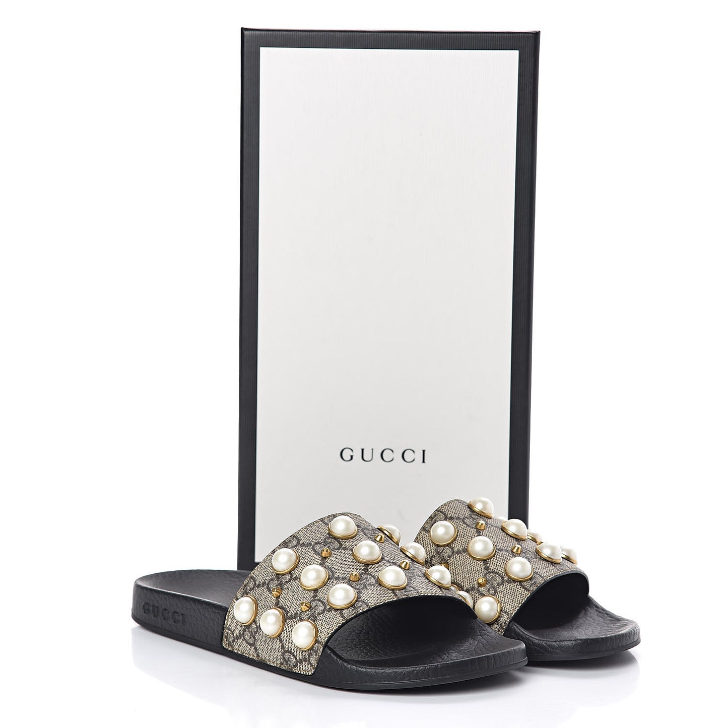 GG Supreme Monogram Pearls Slide Sandals 36 Beige