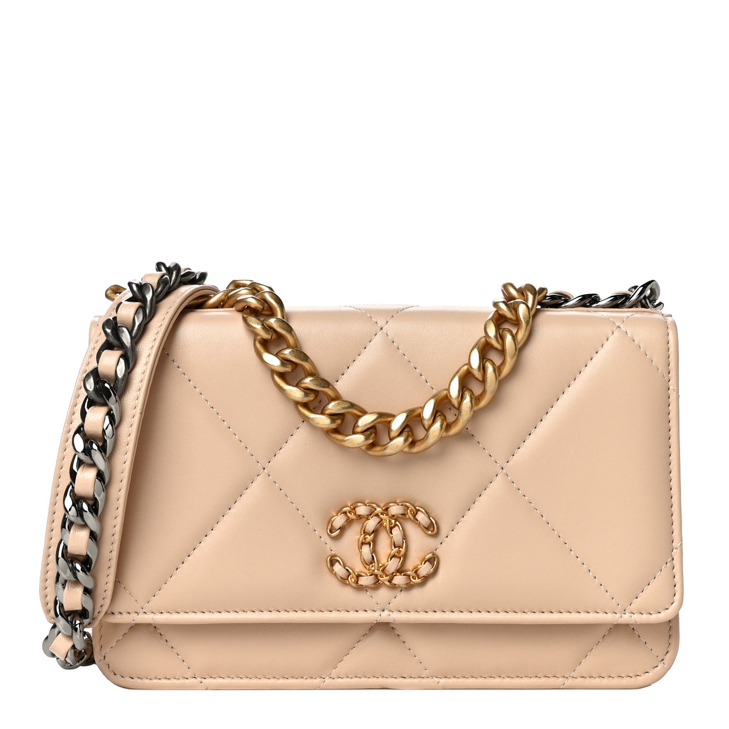 Lambskin Quilted Chanel 19 Wallet On Chain WOC Beige