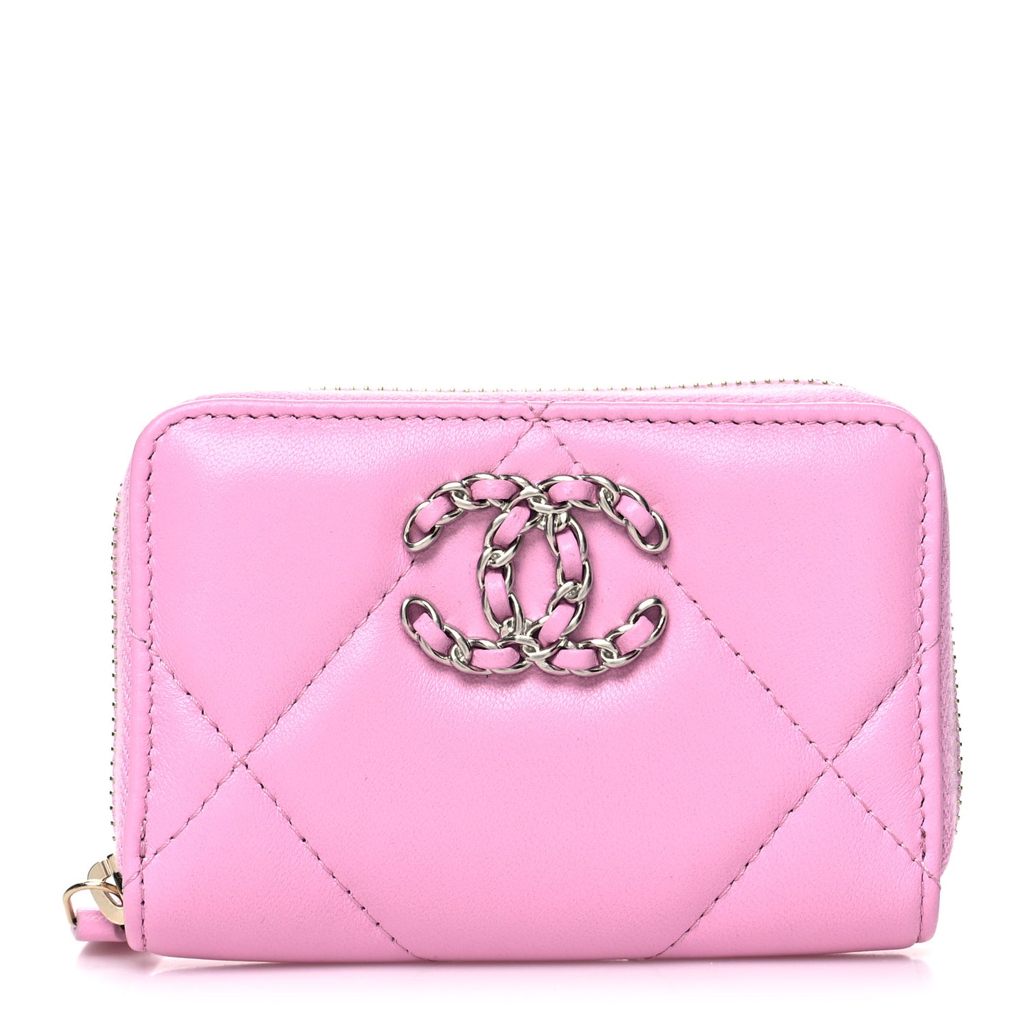 Lambskin Quilted Chanel 19 Zip Around Coin Purse Wallet Light Pink