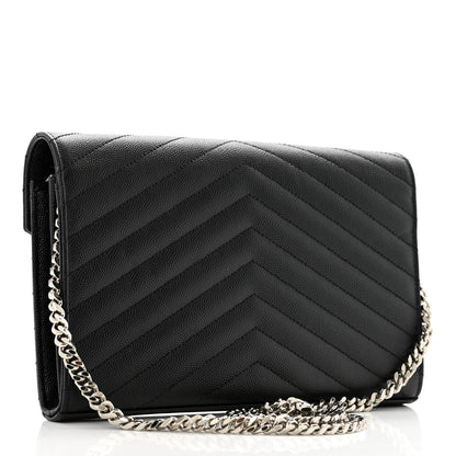 Saint Laurent Grain De Poudre Matelasse Chevron Monogram Chain Wallet Black 2 of 12