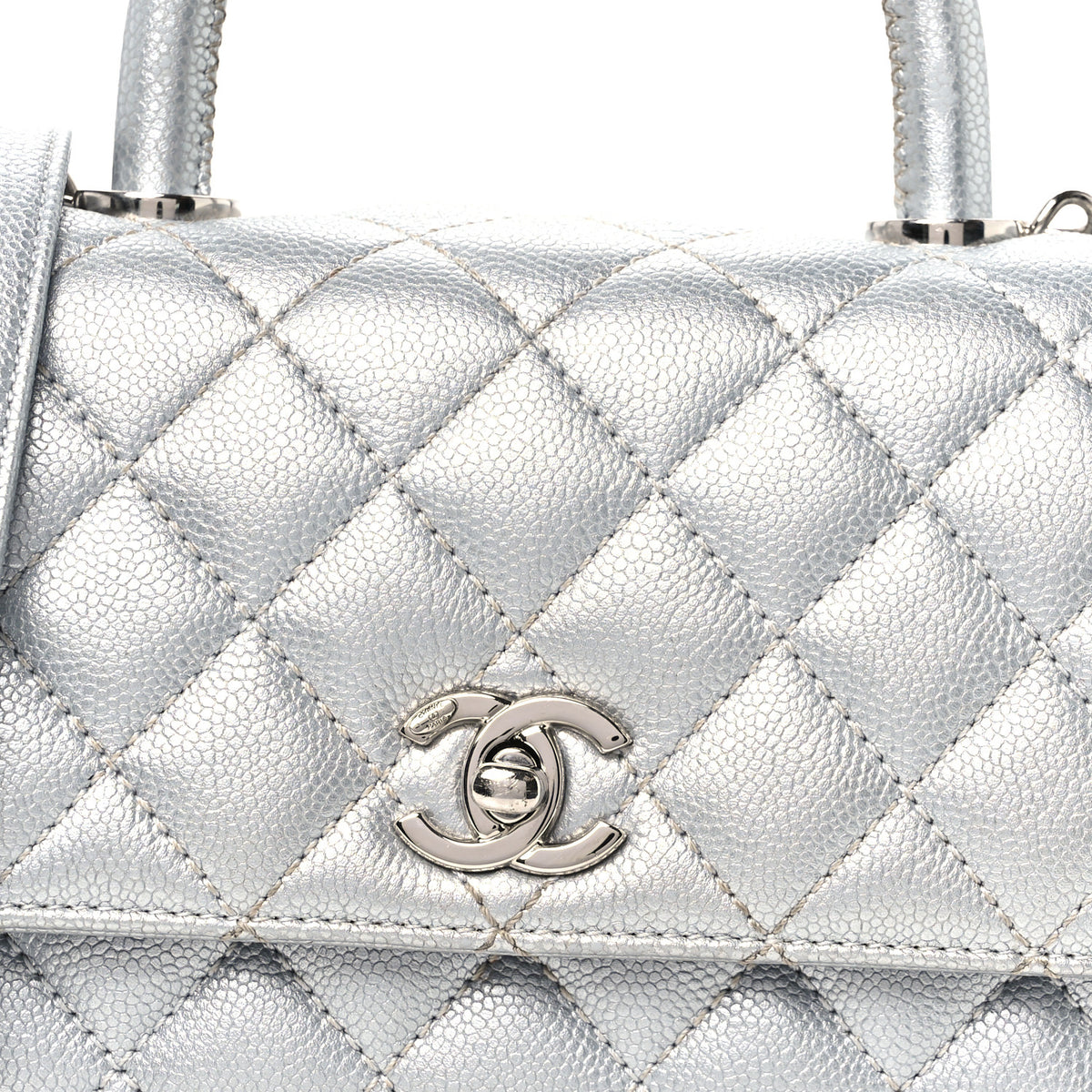 Metallic Caviar Quilted Mini Coco Handle Flap Silver