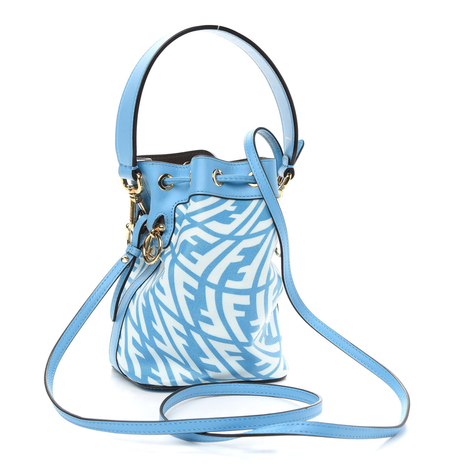 Fendi X SARAH COLEMAN Glazed Canvas Vitello King F is Fendi FF Vertigo Mini Mon Tresor Bucket Bag Cyber Blue White 3 of 11