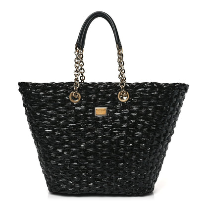 Dolce & Gabbana Vernice Vitello Raffia Woven Coffa Tote Black 1 of 8