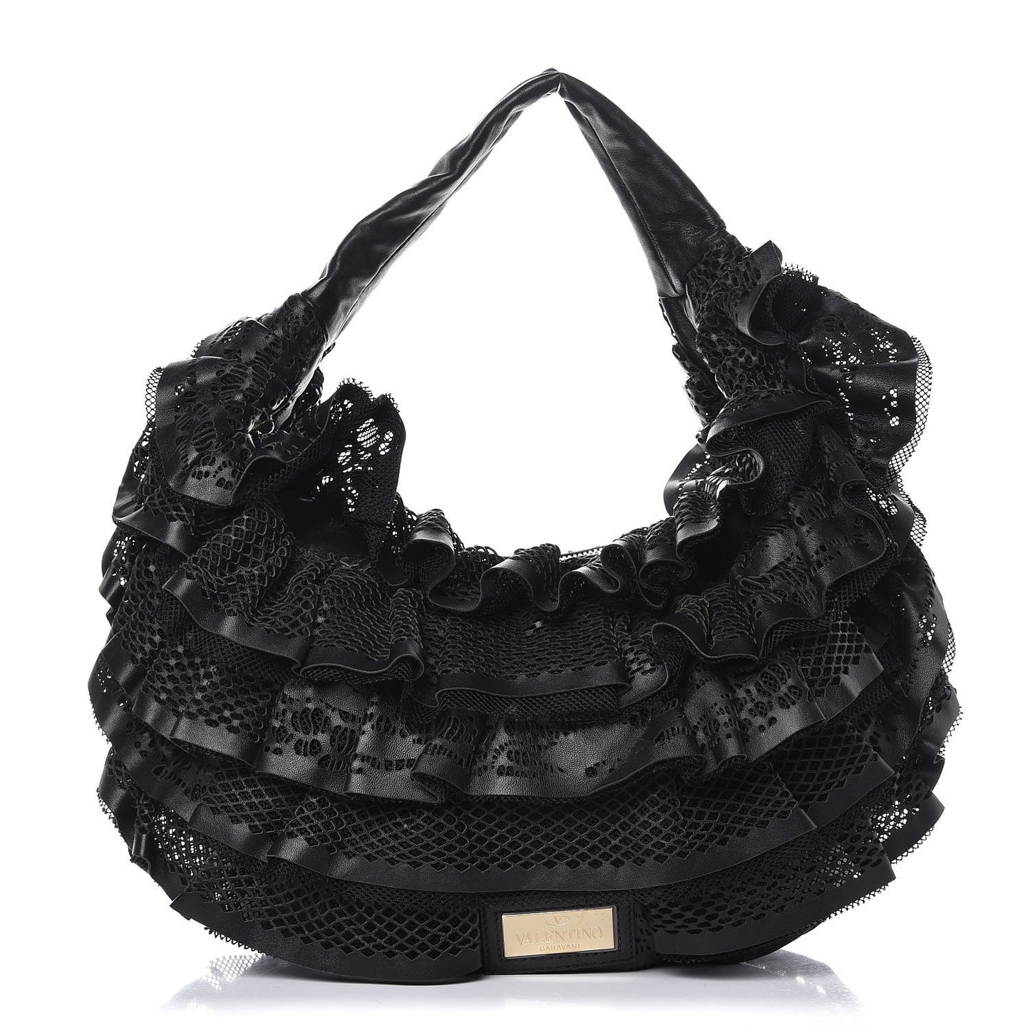 Lambskin Mesh Ruffle Hobo Black