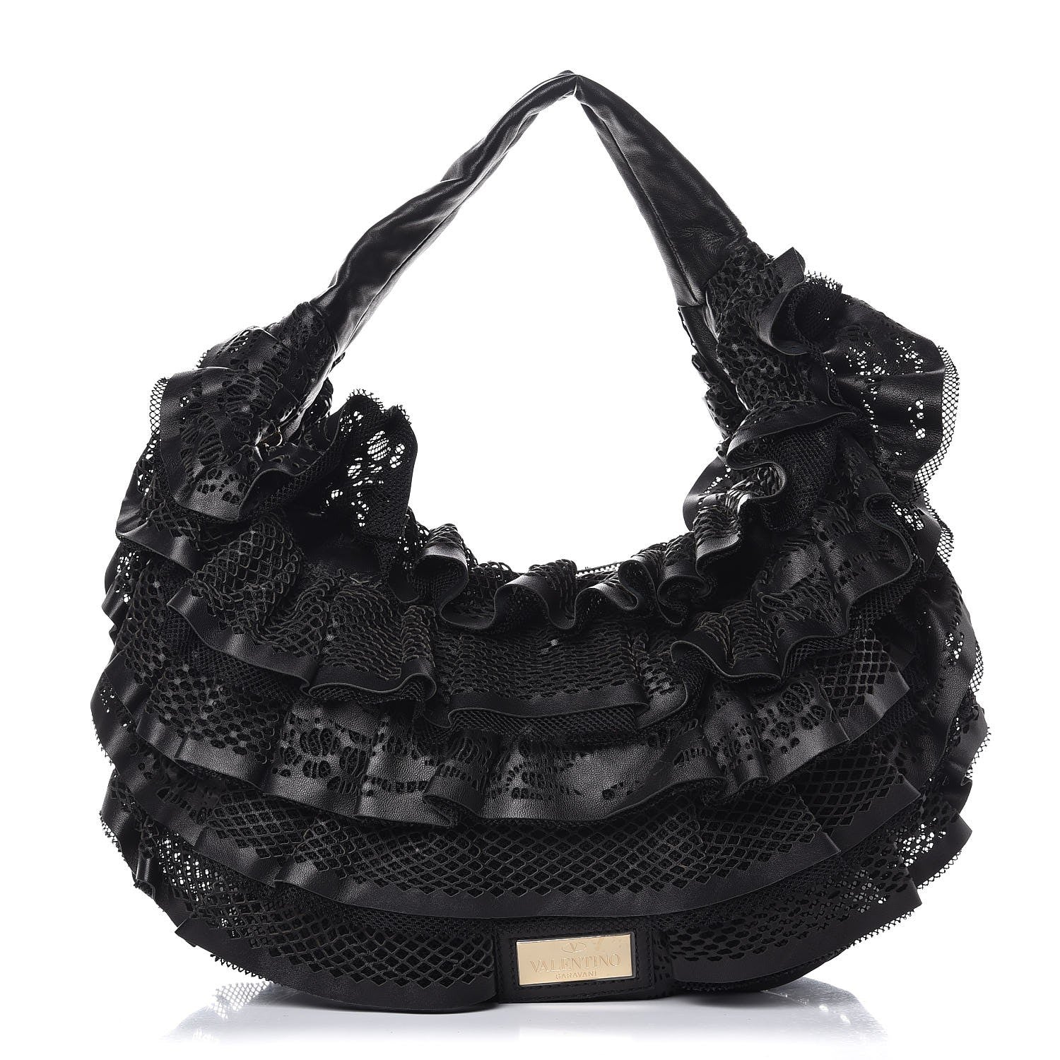 Valentino Garavani Lambskin Mesh Ruffle Hobo Black 1 of 7