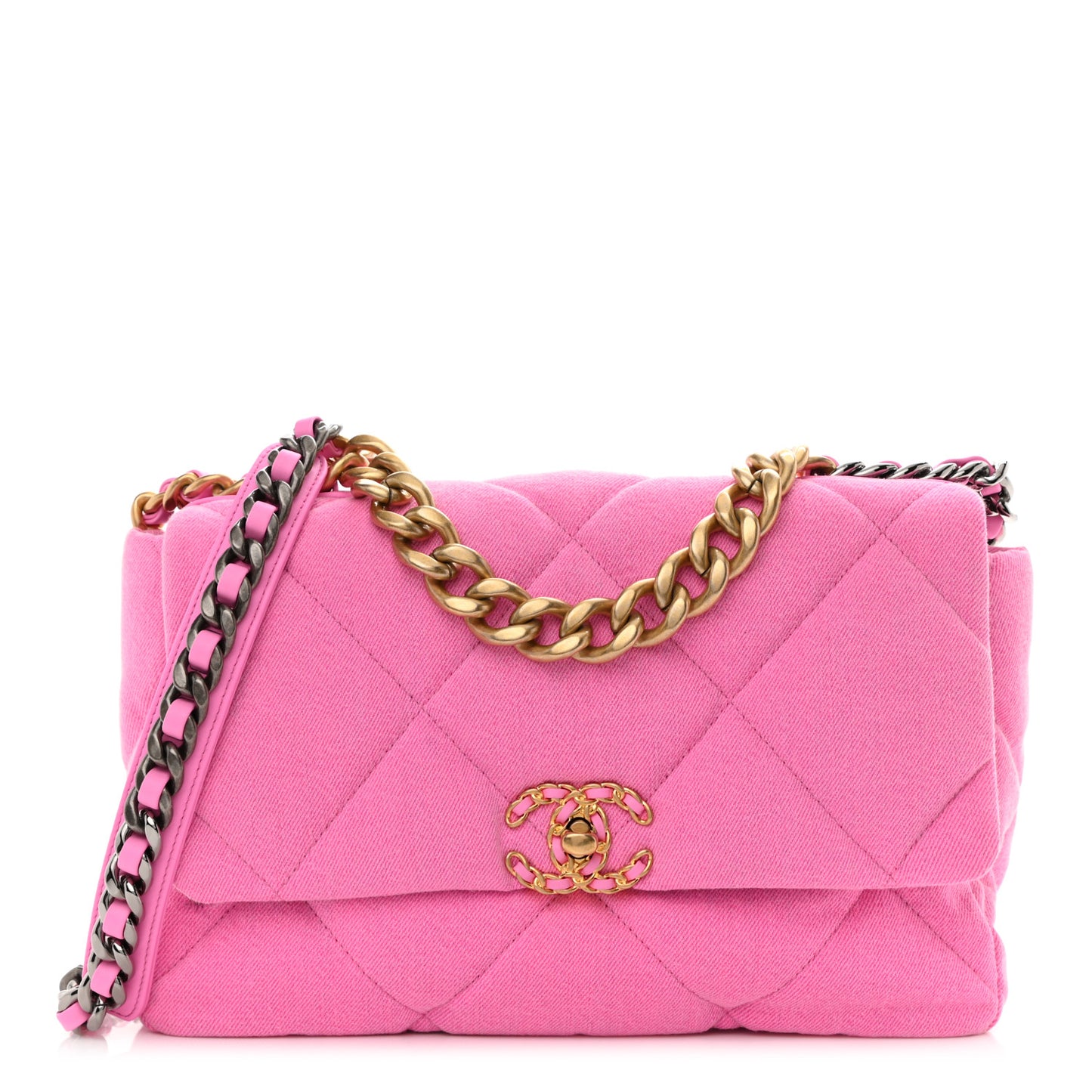 Denim Quilted Large Chanel 19 Flap Neon Pink